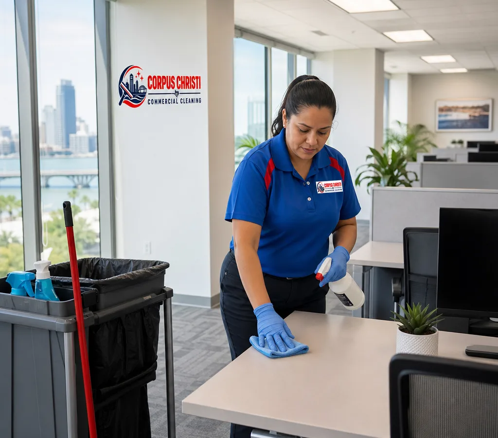 Uniformed cleaner disinfecting high-touch surfaces in a professional Corpus Christi office