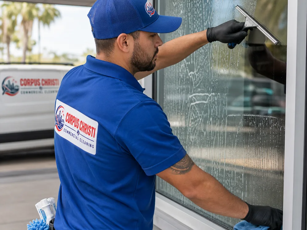 Squeegee cleaning commercial glass while a microfiber cloth details the frame and sill