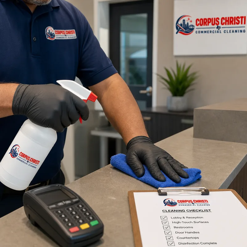 Cleaner disinfecting high-touch points in a clinic reception area with a checklist nearby