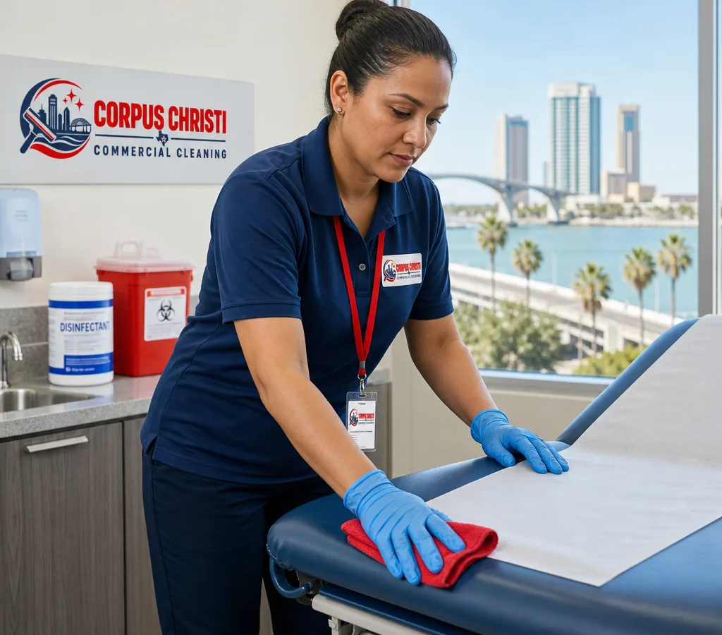 Cleaner disinfecting high-touch surfaces in a medical exam room