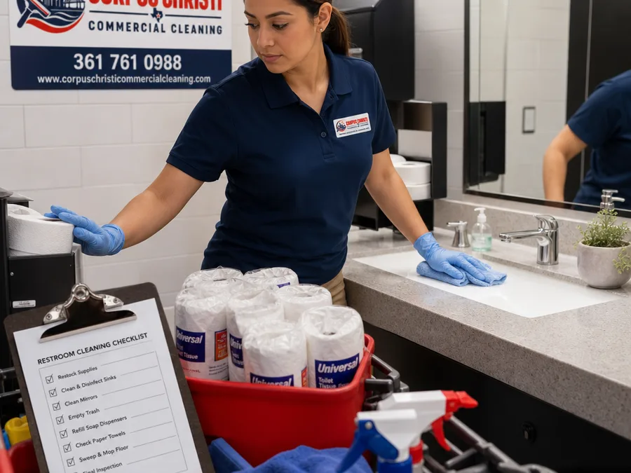 Cleaner restocking supplies and following a checklist in a commercial restroom