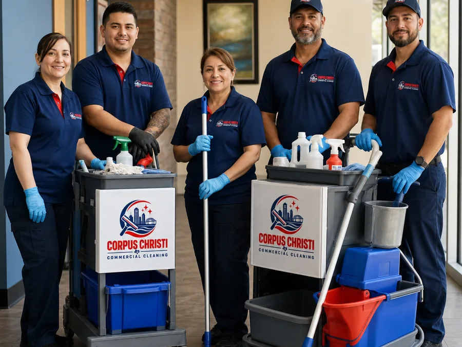 Commercial cleaning team with carts and labeled supplies in a clean office lobby